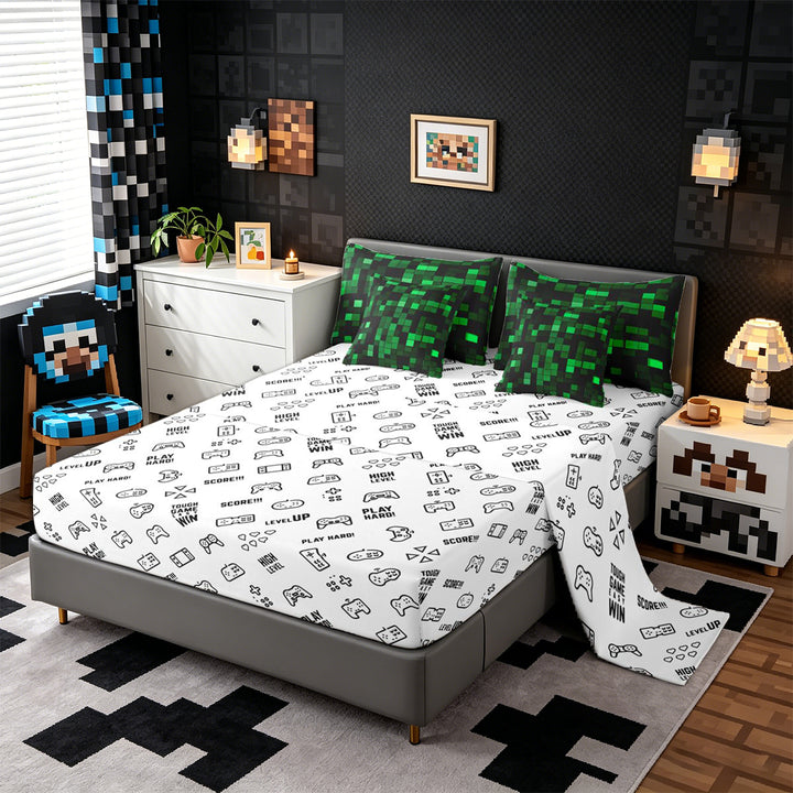 Meiyoeat Dark Grid Pattern King Bedding 7pcs for Teens, Modern Glow Block Print King Bed in a Bag for Bedroom, Green Black