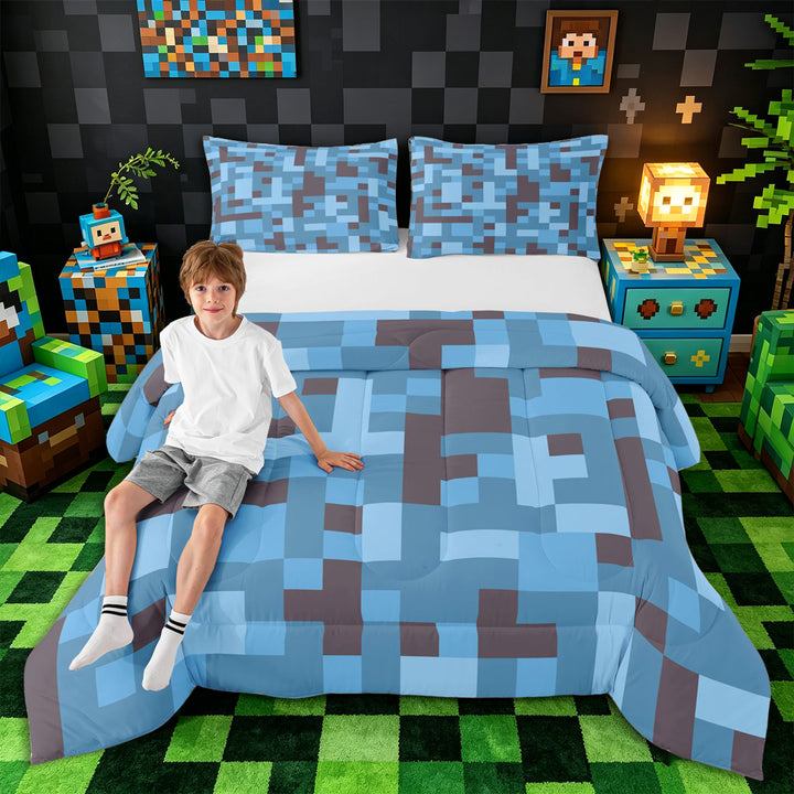 Meiyoeat Pixel Camo Pattern King Size Comforter Sets 3pcs, Soft Mosaic Block Print Comforters King Size, Light Blue Gray