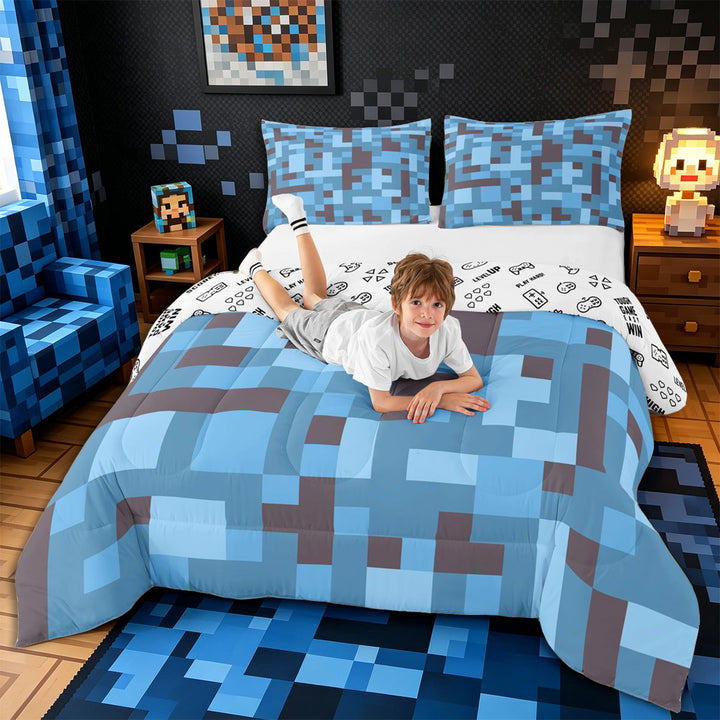 Meiyoeat Pixel Camo Pattern King Size Comforter Sets 3pcs, Soft Mosaic Block Print Comforters King Size, Light Blue Gray