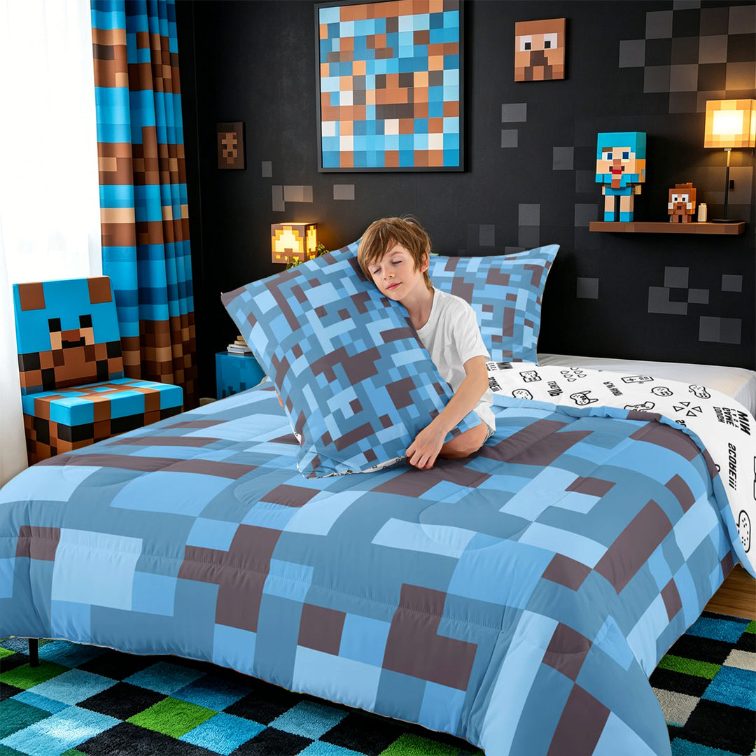 Meiyoeat Pixel Camo Pattern King Size Comforter Sets 3pcs, Soft Mosaic Block Print Comforters King Size, Light Blue Gray