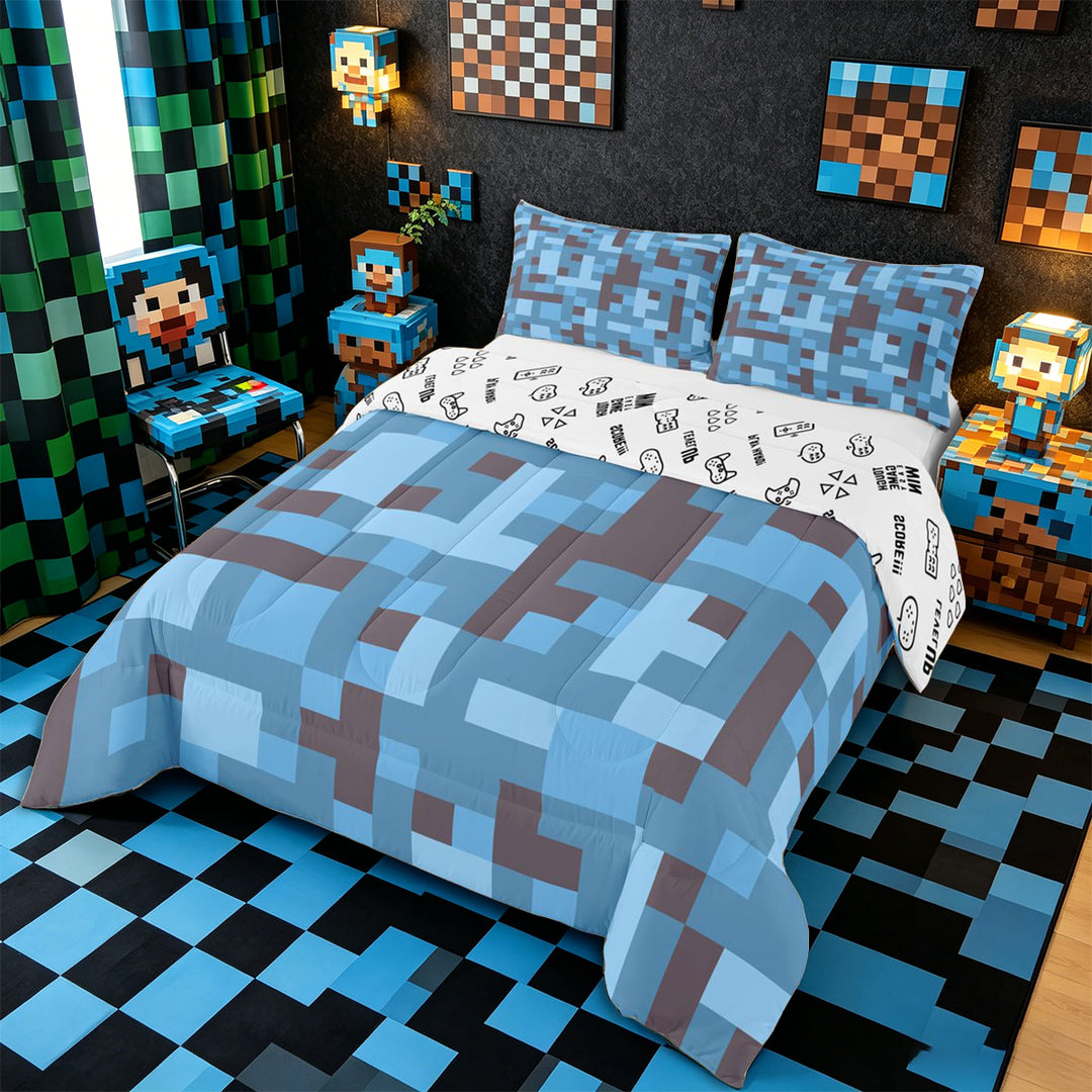 Meiyoeat Pixel Camo Pattern King Size Comforter Sets 3pcs, Soft Mosaic Block Print Comforters King Size, Light Blue Gray