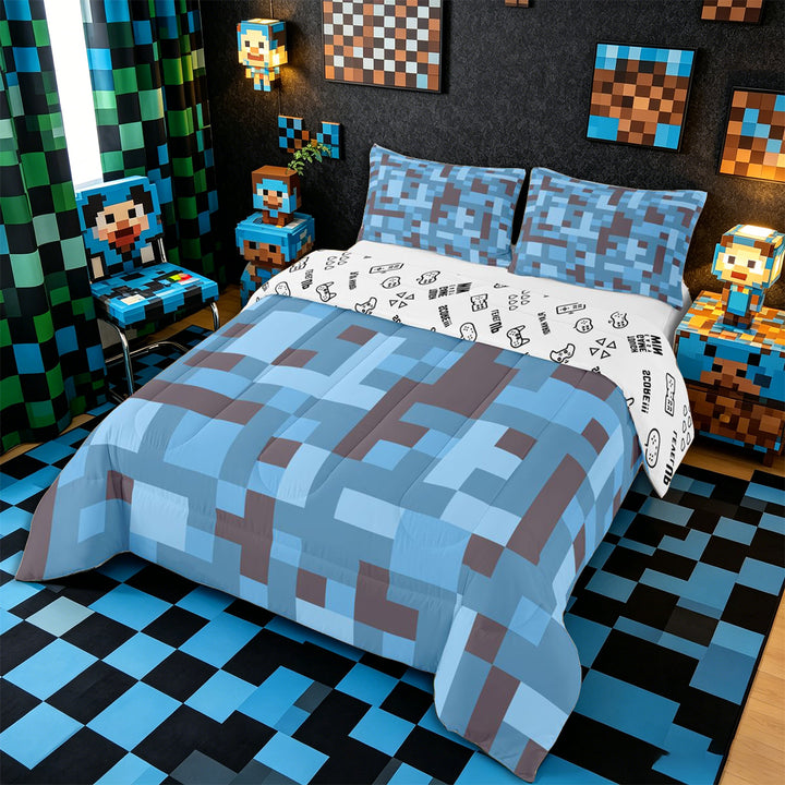 Meiyoeat Pixel Camo Pattern King Size Comforter Sets 3pcs, Soft Mosaic Block Print Comforters King Size, Light Blue Gray