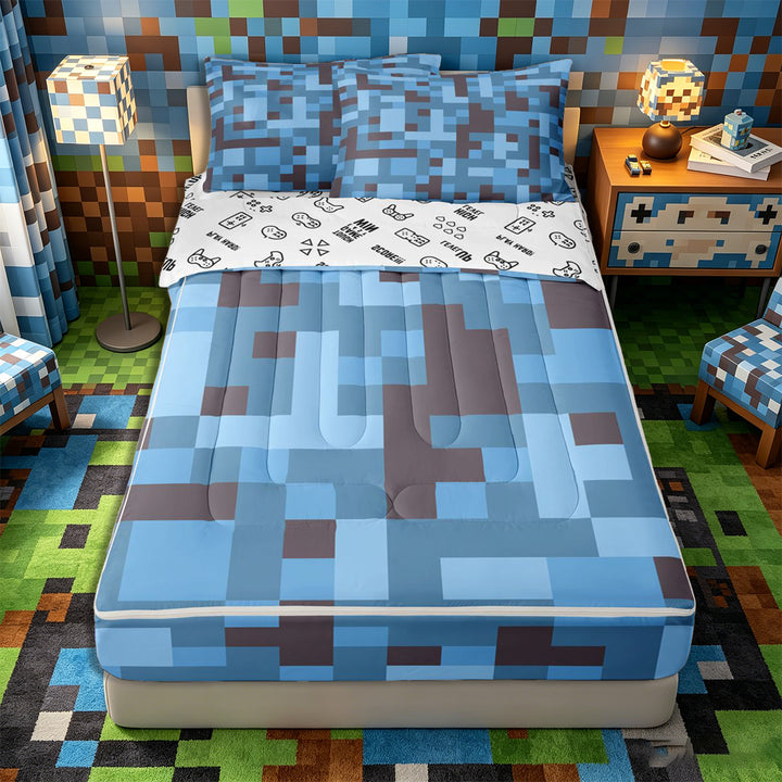 Meiyoeat Pixel Camo Pattern Zipper Full Size Comforter Sets with Fitted Sheet and 2 Pillowcases, Soft Mosaic Block Print Zipper Bedding Set, Light Blue Gray,4pcs