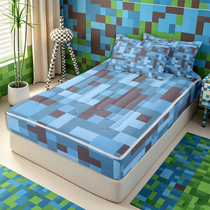 Meiyoeat Pixel Camo Pattern Zipper Full Size Comforter Sets with Fitted Sheet and 2 Pillowcases, Soft Mosaic Block Print Zipper Bedding Set, Light Blue Gray,4pcs