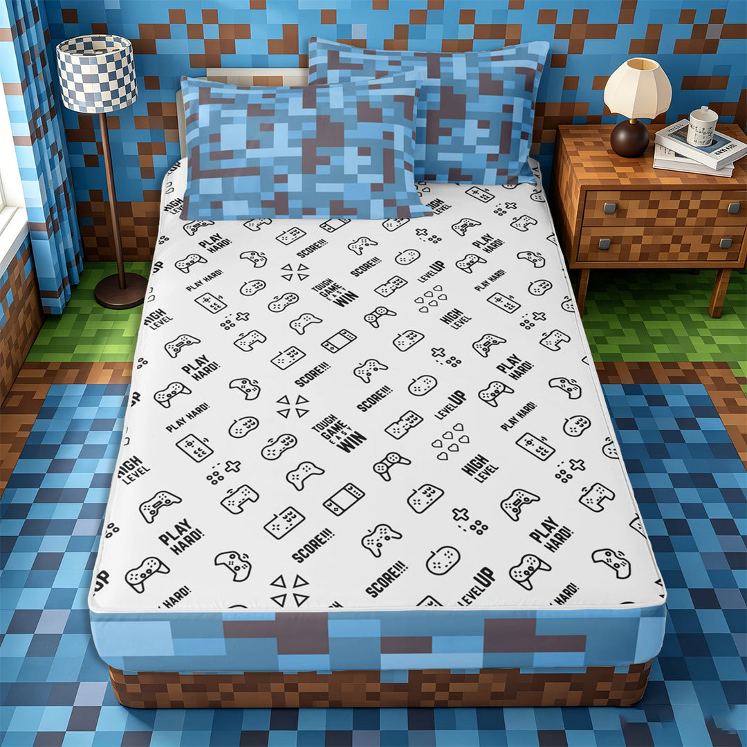 Meiyoeat Pixel Camo Pattern Zipper Full Size Comforter Sets with Fitted Sheet and 2 Pillowcases, Soft Mosaic Block Print Zipper Bedding Set, Light Blue Gray,4pcs