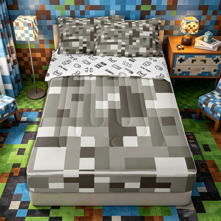 Meiyoeat Pixel Grid Miners Zipper Full Size Comforter Sets with Fitted Sheet and 2 Pillowcases, Minimal Mosaic Print Zipper Bedding Set, Gray Off White,4pcs