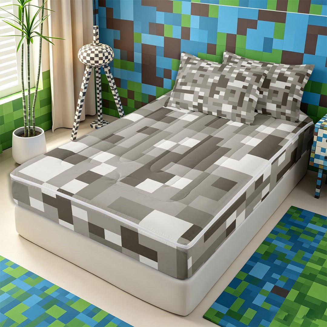 Meiyoeat Pixel Grid Miners Zipper Full Size Comforter Sets with Fitted Sheet and 2 Pillowcases, Minimal Mosaic Print Zipper Bedding Set, Gray Off White,4pcs