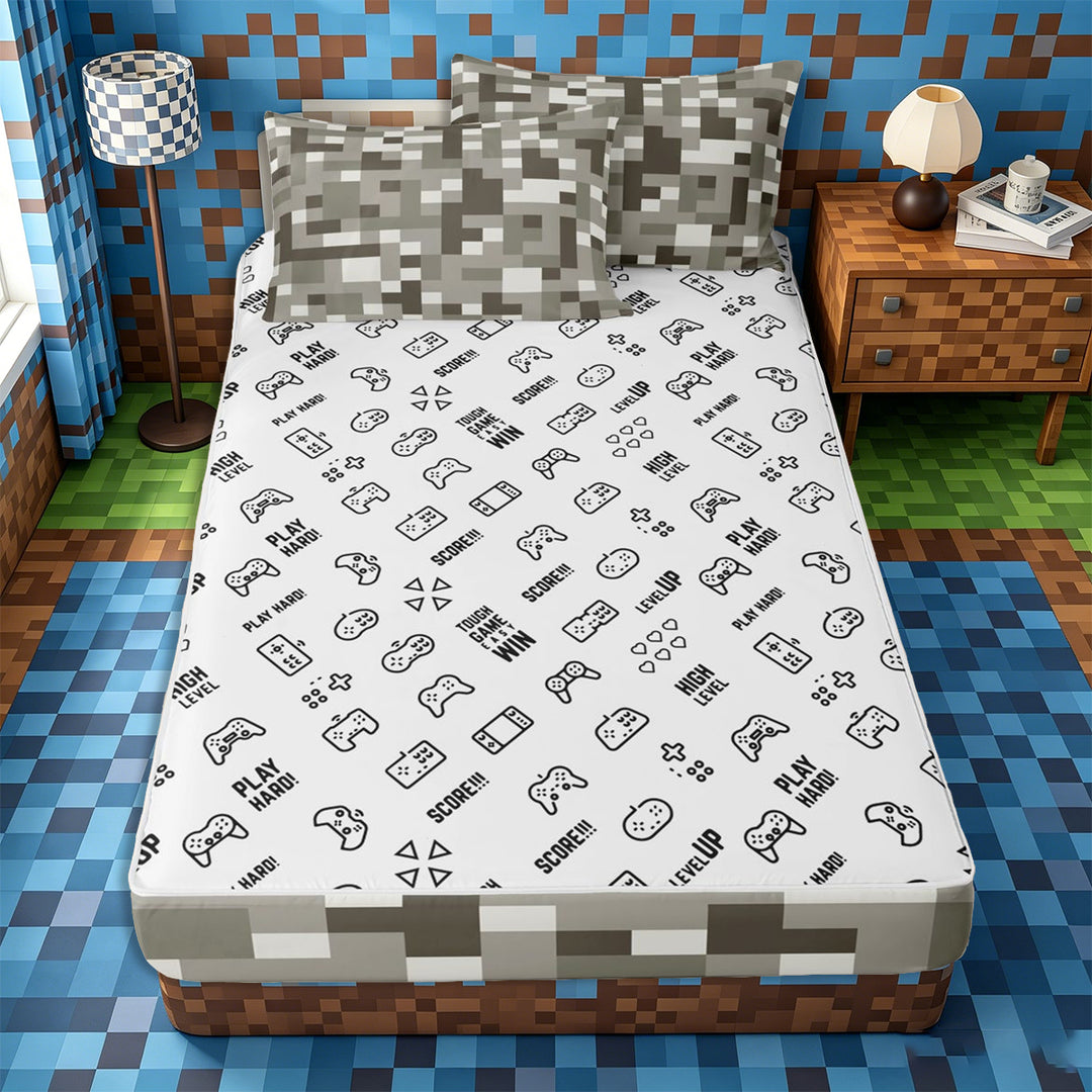 Meiyoeat Pixel Grid Miners Zipper Full Size Comforter Sets with Fitted Sheet and 2 Pillowcases, Minimal Mosaic Print Zipper Bedding Set, Gray Off White,4pcs