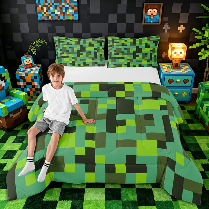 Meiyoeat Pixelated Blocks Miners King Size Comforter Sets 3pcs, Retro Geometric Camo Comforters King Size for Bedroom
