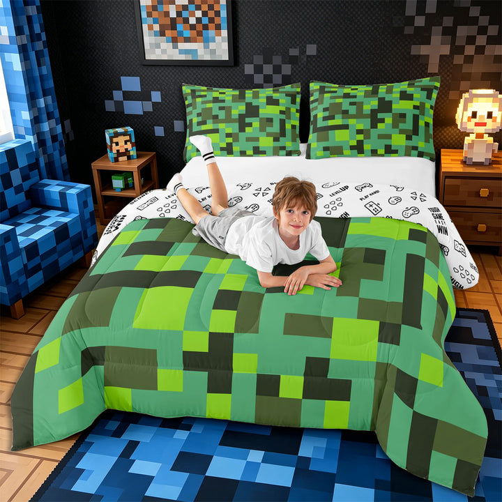 Meiyoeat Pixelated Blocks Miners King Size Comforter Sets 3pcs, Retro Geometric Camo Comforters King Size for Bedroom