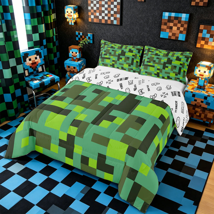 Meiyoeat Pixelated Blocks Miners King Size Comforter Sets 3pcs, Retro Geometric Camo Comforters King Size for Bedroom