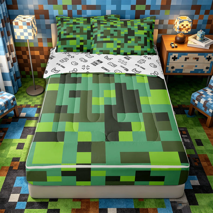 Meiyoeat Pixelated Blocks Miners Zipper Full Size Comforter Sets with Fitted Sheet and 2 Pillowcases, Retro Geometric Camo Zipper Bedding Set for Bedroom,4pcs