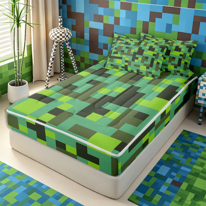 Meiyoeat Pixelated Blocks Miners Zipper Full Size Comforter Sets with Fitted Sheet and 2 Pillowcases, Retro Geometric Camo Zipper Bedding Set for Bedroom,4pcs