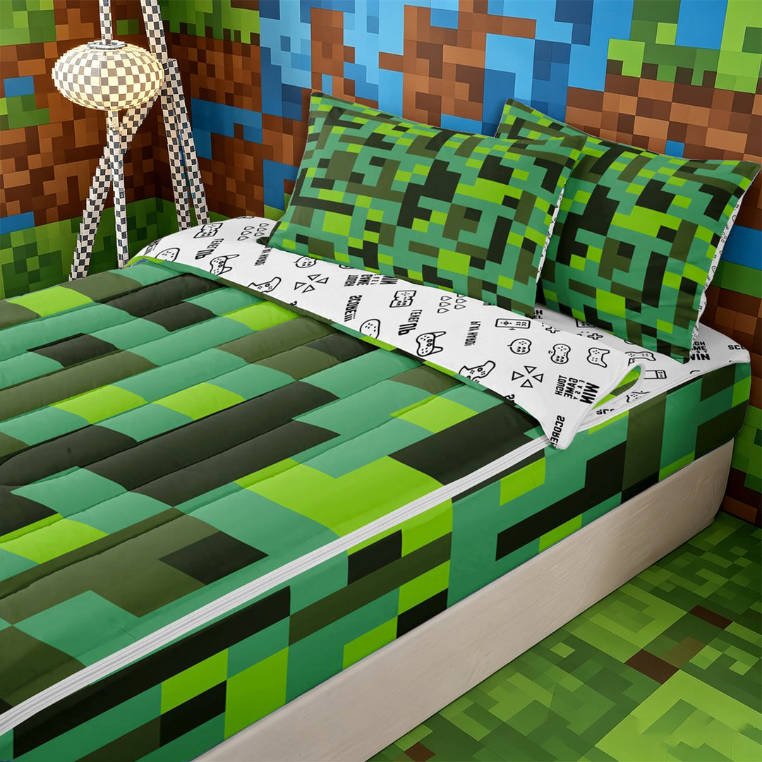 Meiyoeat Pixelated Blocks Miners Zipper Full Size Comforter Sets with Fitted Sheet and 2 Pillowcases, Retro Geometric Camo Zipper Bedding Set for Bedroom,4pcs