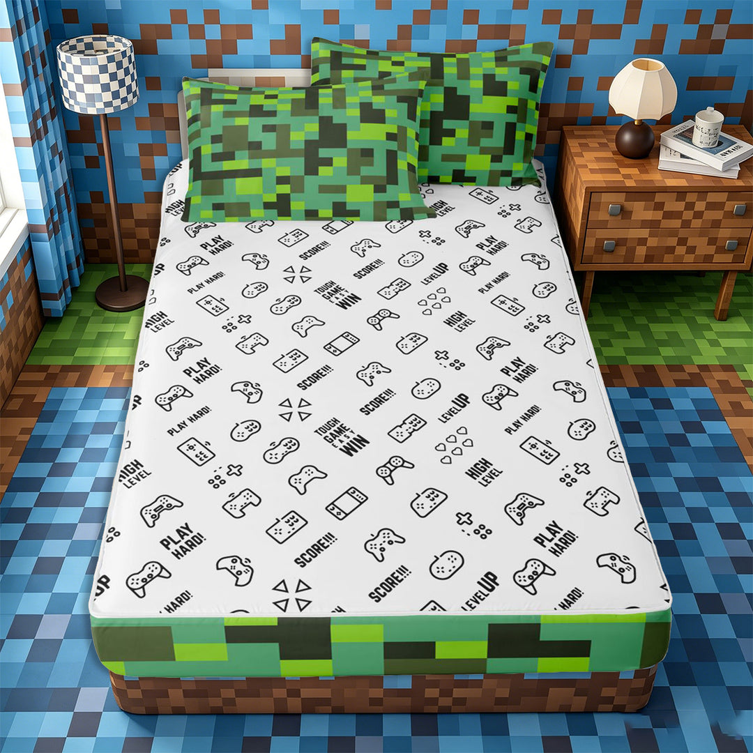 Meiyoeat Pixelated Blocks Miners Zipper Full Size Comforter Sets with Fitted Sheet and 2 Pillowcases, Retro Geometric Camo Zipper Bedding Set for Bedroom,4pcs