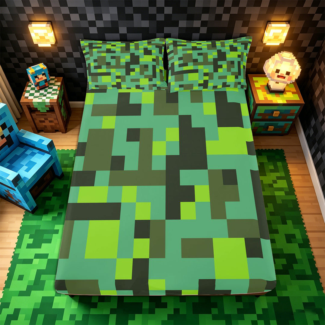 Meiyoeat Pixelated Blocks Miners King Sheets 4pcs, Retro Geometric Camo Bedding for Bedroom