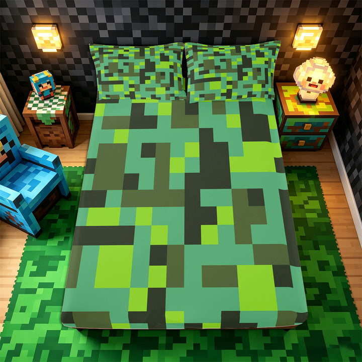 Meiyoeat Pixelated Blocks Miners King Sheets 4pcs, Retro Geometric Camo Bedding for Bedroom