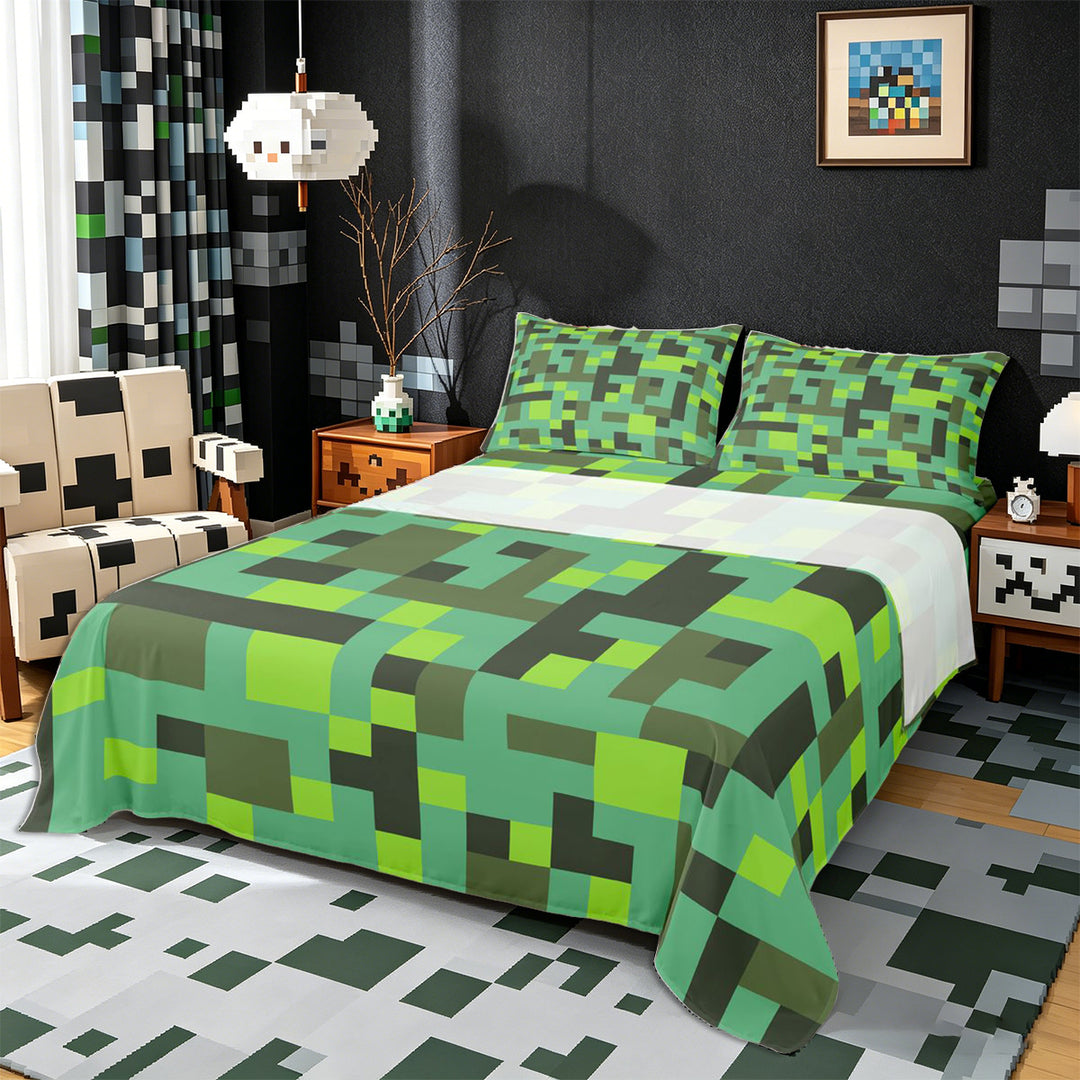 Meiyoeat Pixelated Blocks Miners King Sheets 4pcs, Retro Geometric Camo Bedding for Bedroom