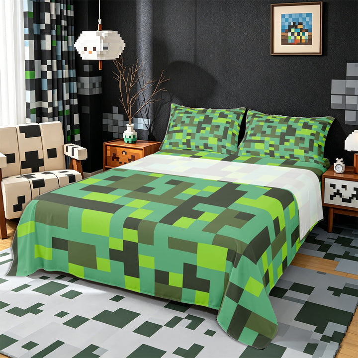 Meiyoeat Pixelated Blocks Miners King Sheets 4pcs, Retro Geometric Camo Bedding for Bedroom