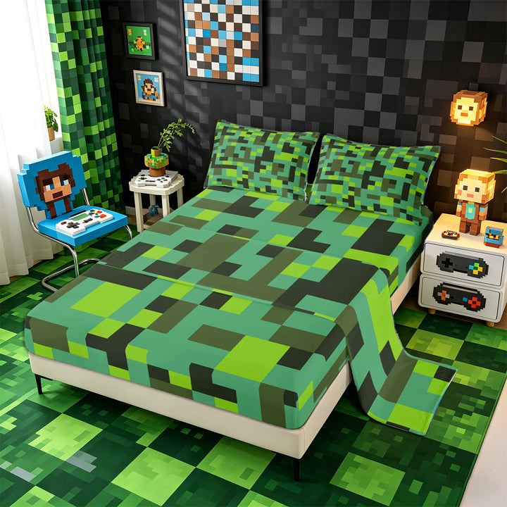 Meiyoeat Pixelated Blocks Miners King Sheets 4pcs, Retro Geometric Camo Bedding for Bedroom