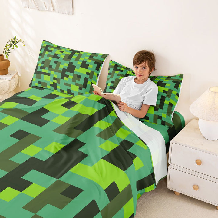Meiyoeat Pixelated Blocks Miners King Sheets 4pcs, Retro Geometric Camo Bedding for Bedroom