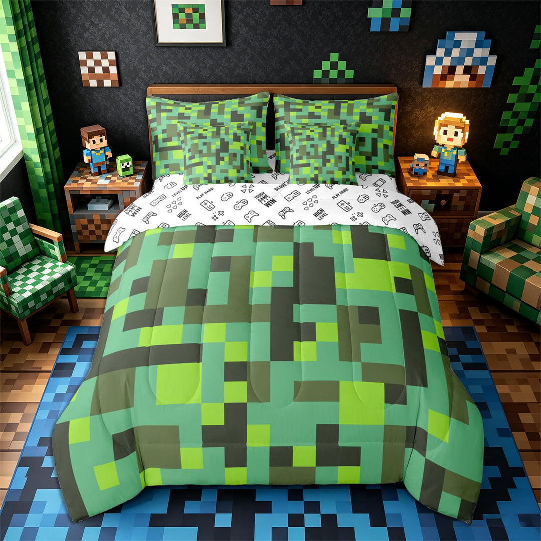 Meiyoeat Pixelated Blocks Miners King Bedding 7pcs, Retro Geometric Camo King Bed in a Bag for Bedroom