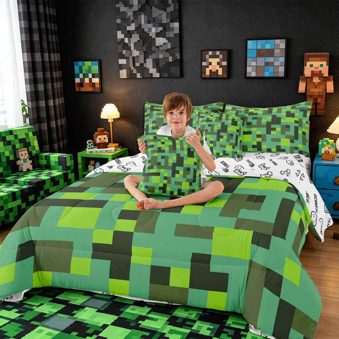 Meiyoeat Pixelated Blocks Miners King Bedding 7pcs, Retro Geometric Camo King Bed in a Bag for Bedroom