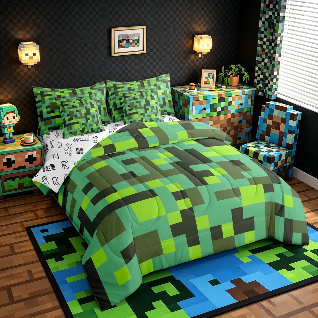 Meiyoeat Pixelated Blocks Miners King Bedding 7pcs, Retro Geometric Camo King Bed in a Bag for Bedroom