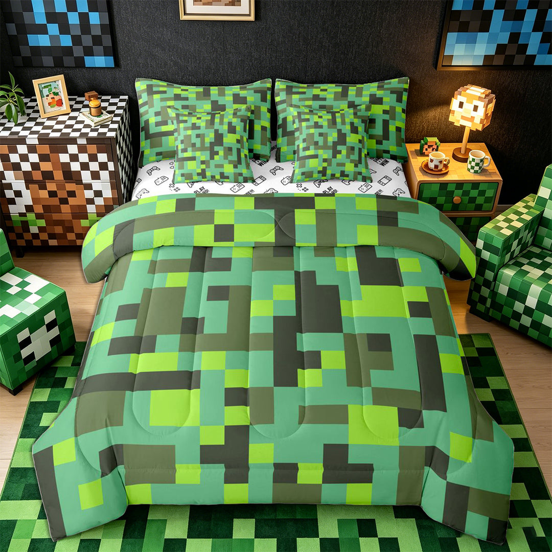 Meiyoeat Pixelated Blocks Miners King Bedding 7pcs, Retro Geometric Camo King Bed in a Bag for Bedroom