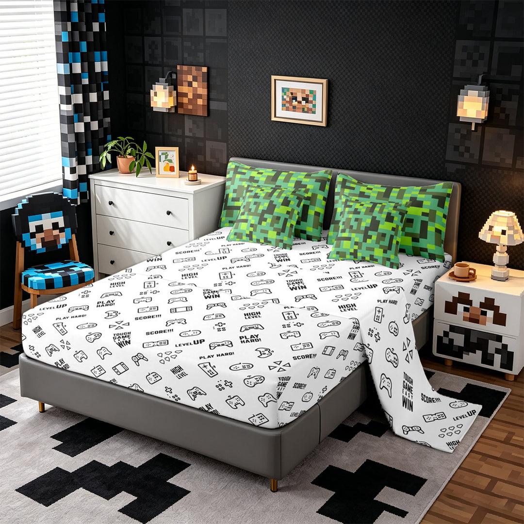 Meiyoeat Pixelated Blocks Miners King Bedding 7pcs, Retro Geometric Camo King Bed in a Bag for Bedroom
