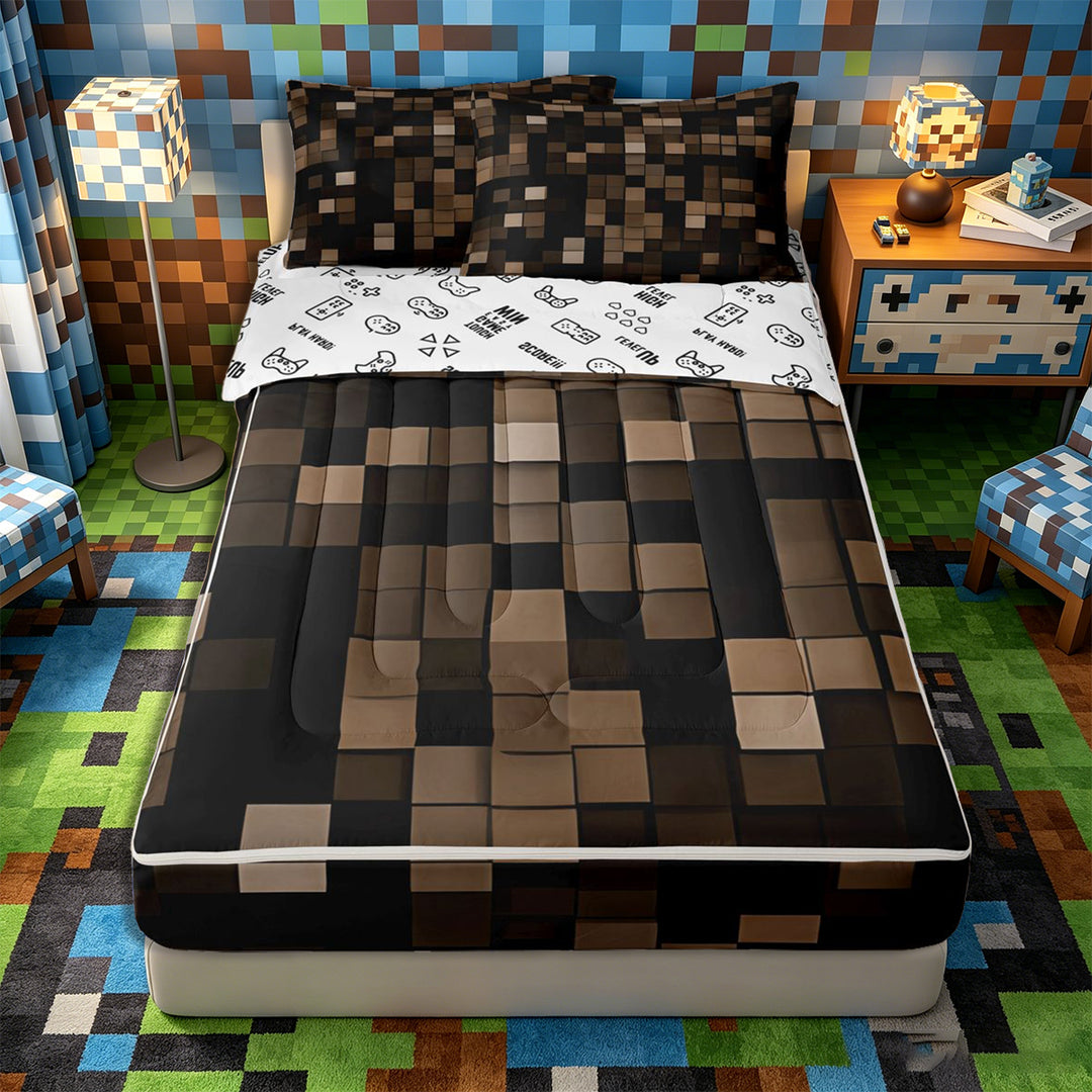 Meiyoeat Dark Brown 3D Cube Pattern Zipper Full Size Comforter Sets with Fitted Sheet and 2 Pillowcases for Adults, Modern Block Print Zipper Bedding Set,4pcs