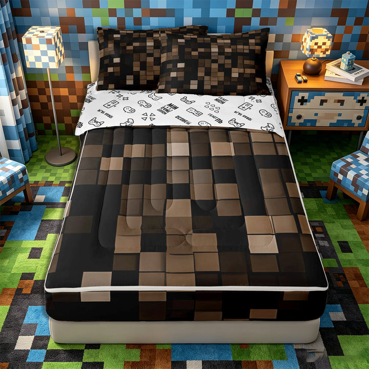Meiyoeat Dark Brown 3D Cube Pattern Zipper Full Size Comforter Sets with Fitted Sheet and 2 Pillowcases for Adults, Modern Block Print Zipper Bedding Set,4pcs