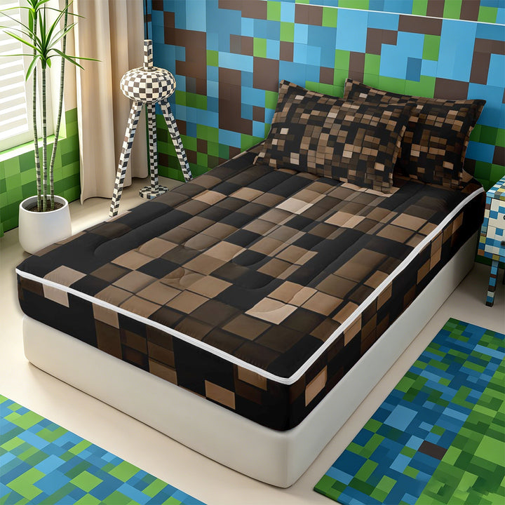 Meiyoeat Dark Brown 3D Cube Pattern Zipper Full Size Comforter Sets with Fitted Sheet and 2 Pillowcases for Adults, Modern Block Print Zipper Bedding Set,4pcs