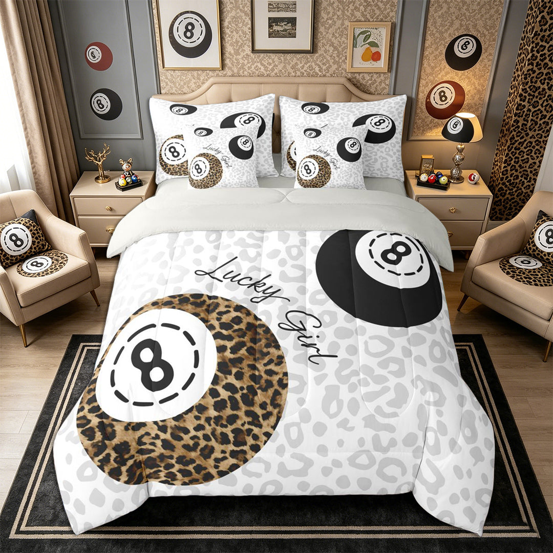 Meiyoeat Retro Lucky 8 Billiards Ball Pattern King Bedding 7pcs for Teens, Leopard Print King Bed in a Bag, Black White Brown,Grey Reversible