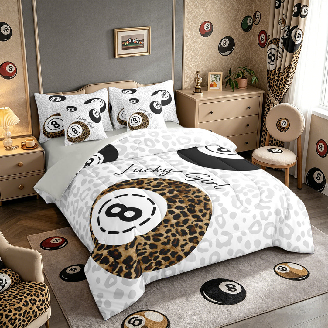 Meiyoeat Retro Lucky 8 Billiards Ball Pattern King Bedding 7pcs for Teens, Leopard Print King Bed in a Bag, Black White Brown,Grey Reversible