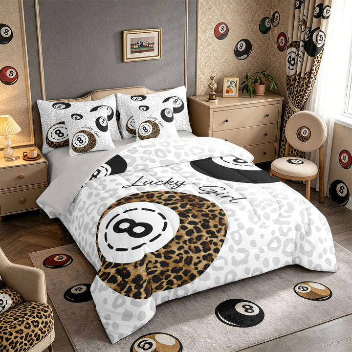 Meiyoeat Retro Lucky 8 Billiards Ball Pattern King Bedding 7pcs for Teens, Leopard Print King Bed in a Bag, Black White Brown,Grey Reversible