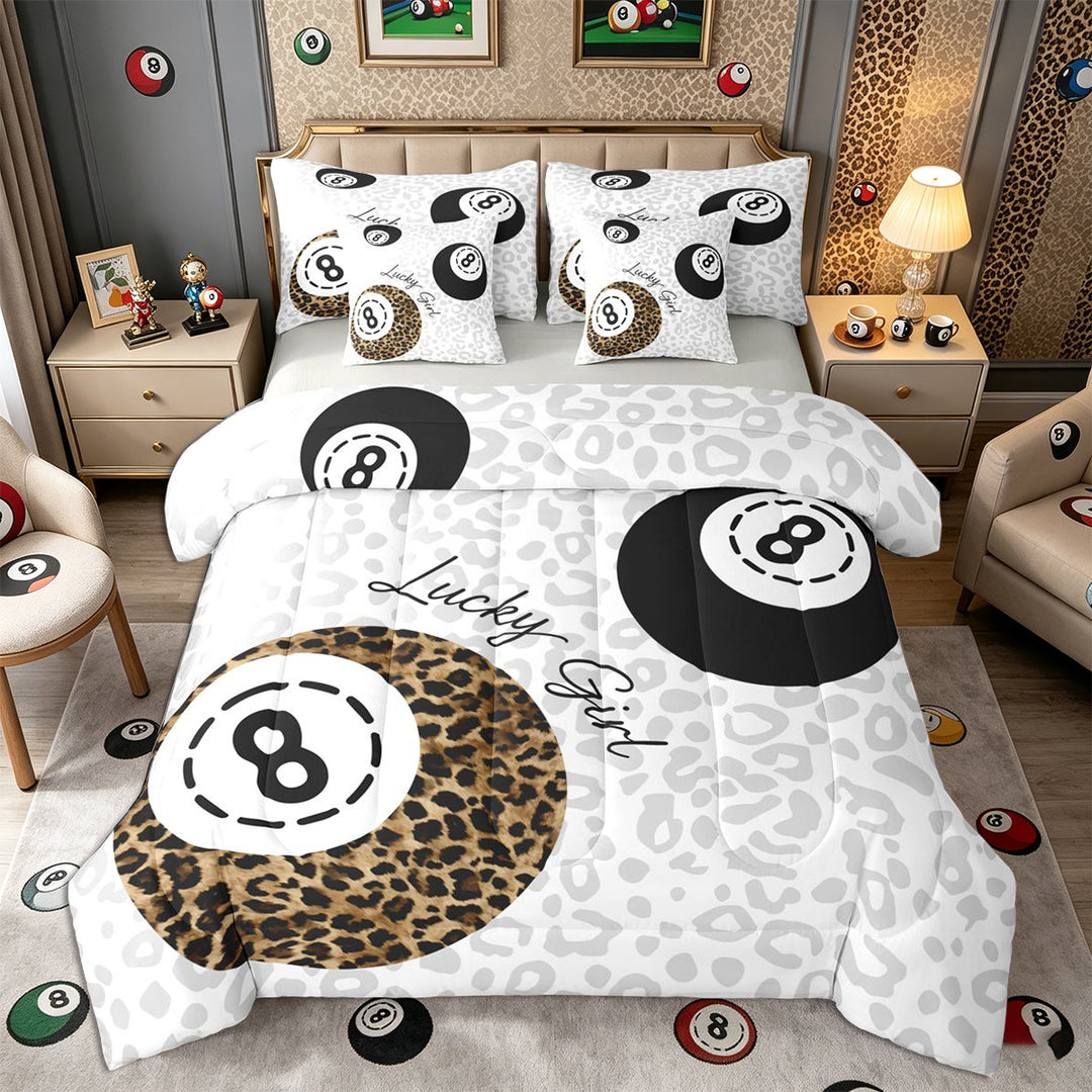 Meiyoeat Retro Lucky 8 Billiards Ball Pattern King Bedding 7pcs for Teens, Leopard Print King Bed in a Bag, Black White Brown,Grey Reversible