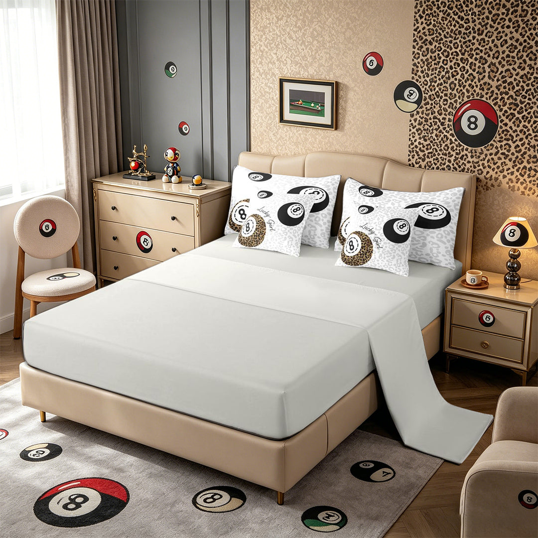 Meiyoeat Retro Lucky 8 Billiards Ball Pattern King Bedding 7pcs for Teens, Leopard Print King Bed in a Bag, Black White Brown,Grey Reversible