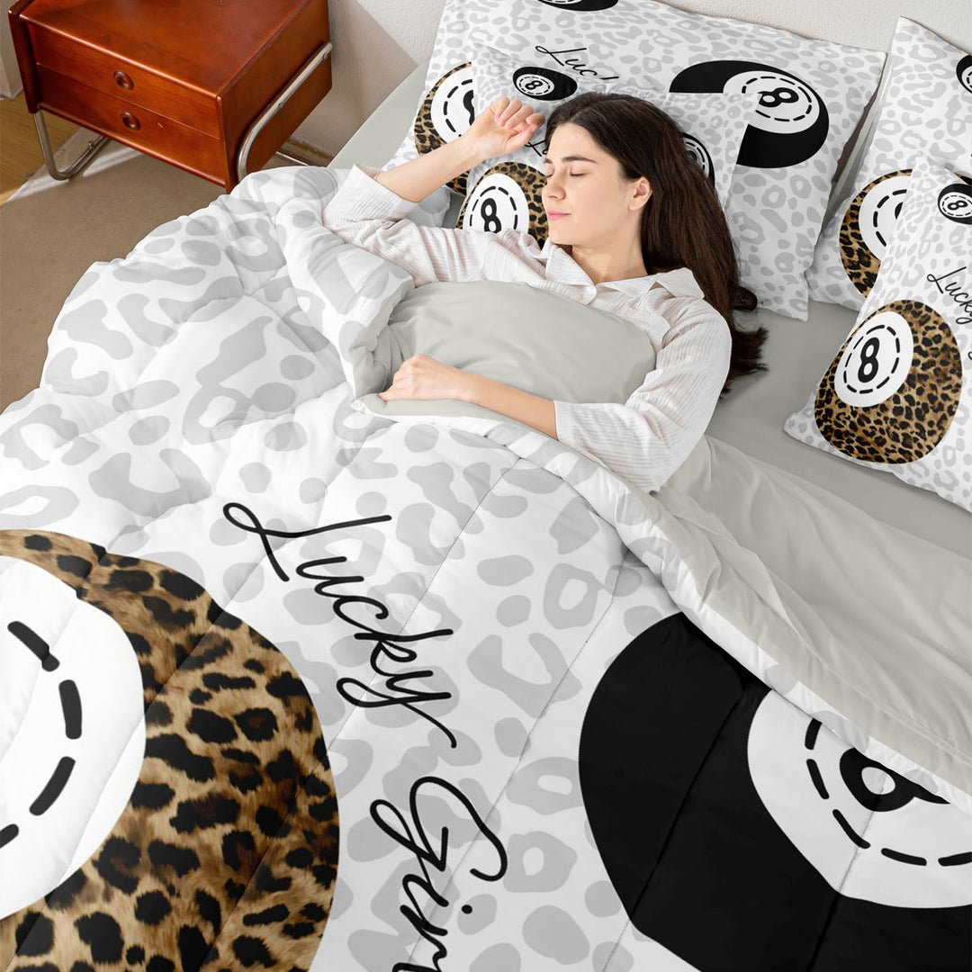 Meiyoeat Retro Lucky 8 Billiards Ball Pattern King Bedding 7pcs for Teens, Leopard Print King Bed in a Bag, Black White Brown,Grey Reversible