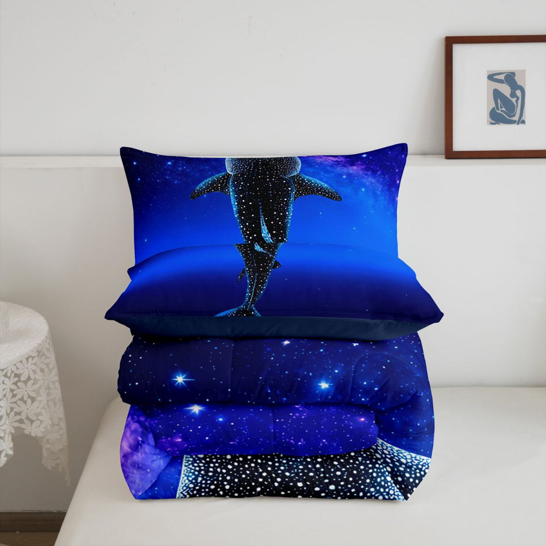 meiyoeat Sparkling Print Shark Full Size Comforter Sets For Boys,Coastal Ocean Style Bedding Comforter Set For Kids,Navy Blue Reversible,3-Piece