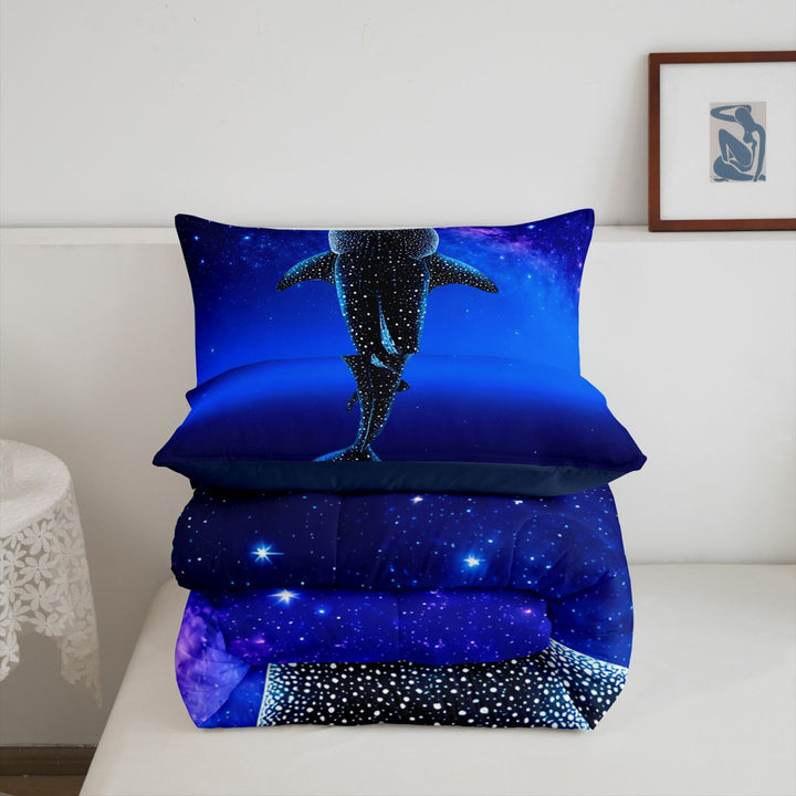 meiyoeat Sparkling Print Shark Full Size Comforter Sets For Boys,Coastal Ocean Style Bedding Comforter Set For Kids,Navy Blue Reversible,3-Piece