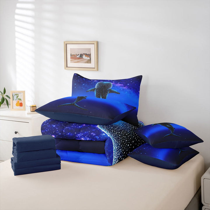 meiyoeat Sparkling Print Shark 7 Pieces Full Size Bedding Sets For Boys,Coastal Ocean Style Full Size Bed in a Bag For Kids,Navy Blue Reversible
