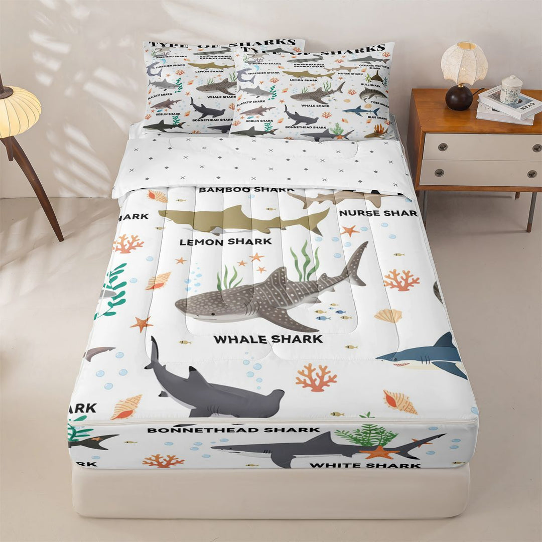 meiyoeat Kawaii Shark Zipper Full Size Comforter Sets with Fitted Sheet and 2 Pillowcases For Kids,Colorful Ocean Animal Theme Zipper Bedding Set For Boys,Reversible,4-Piece