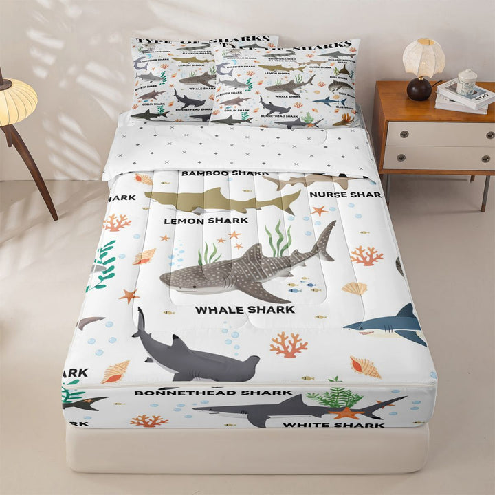 meiyoeat Kawaii Shark Zipper Full Size Comforter Sets with Fitted Sheet and 2 Pillowcases For Kids,Colorful Ocean Animal Theme Zipper Bedding Set For Boys,Reversible,4-Piece