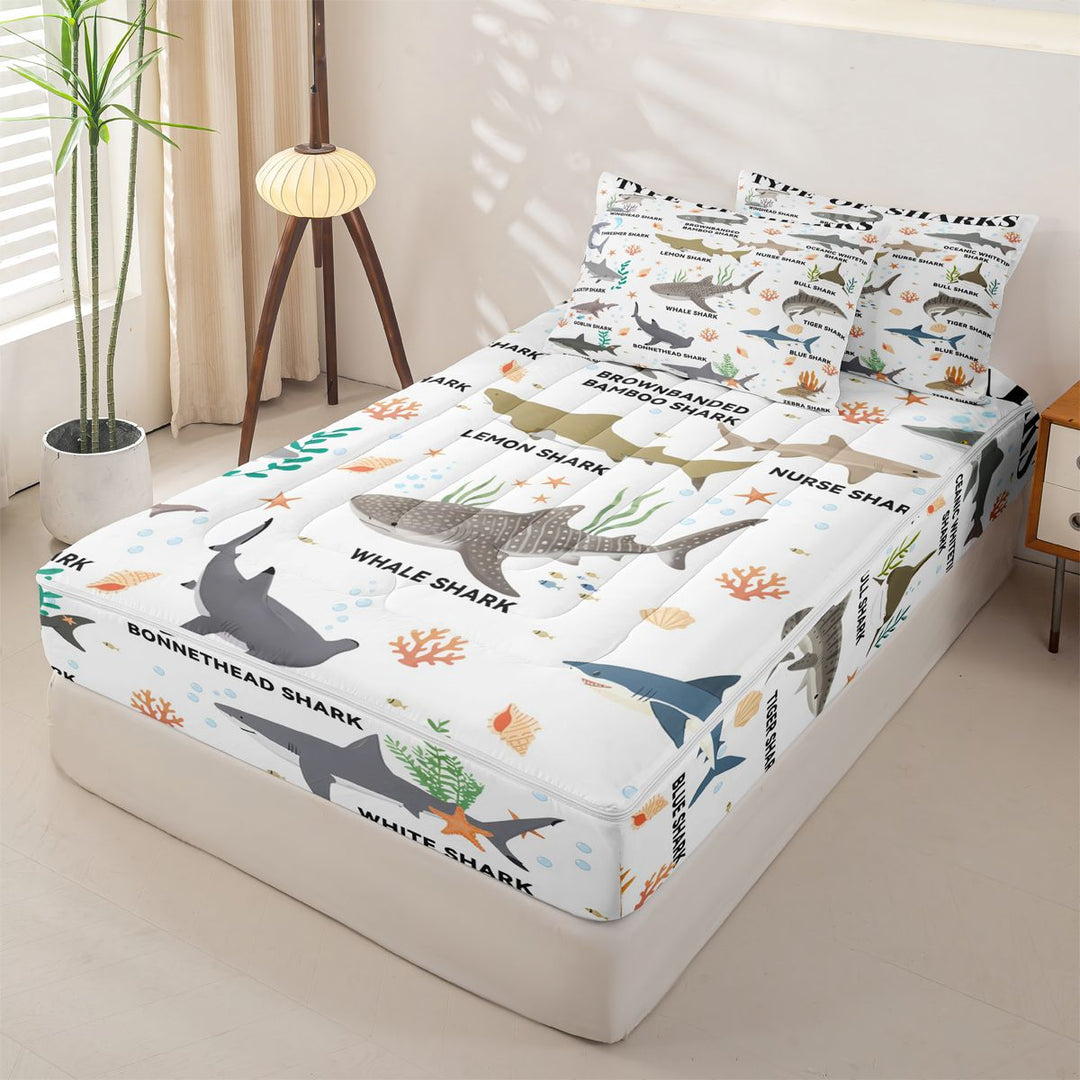 meiyoeat Kawaii Shark Zipper Full Size Comforter Sets with Fitted Sheet and 2 Pillowcases For Kids,Colorful Ocean Animal Theme Zipper Bedding Set For Boys,Reversible,4-Piece
