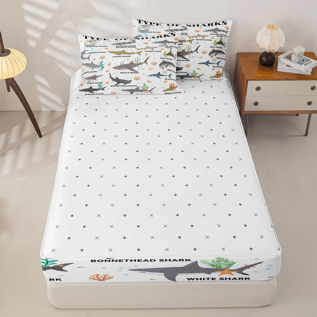 meiyoeat Kawaii Shark Zipper Full Size Comforter Sets with Fitted Sheet and 2 Pillowcases For Kids,Colorful Ocean Animal Theme Zipper Bedding Set For Boys,Reversible,4-Piece
