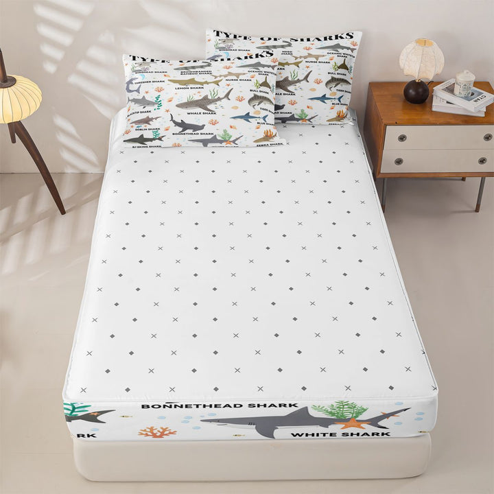 meiyoeat Kawaii Shark Zipper Full Size Comforter Sets with Fitted Sheet and 2 Pillowcases For Kids,Colorful Ocean Animal Theme Zipper Bedding Set For Boys,Reversible,4-Piece