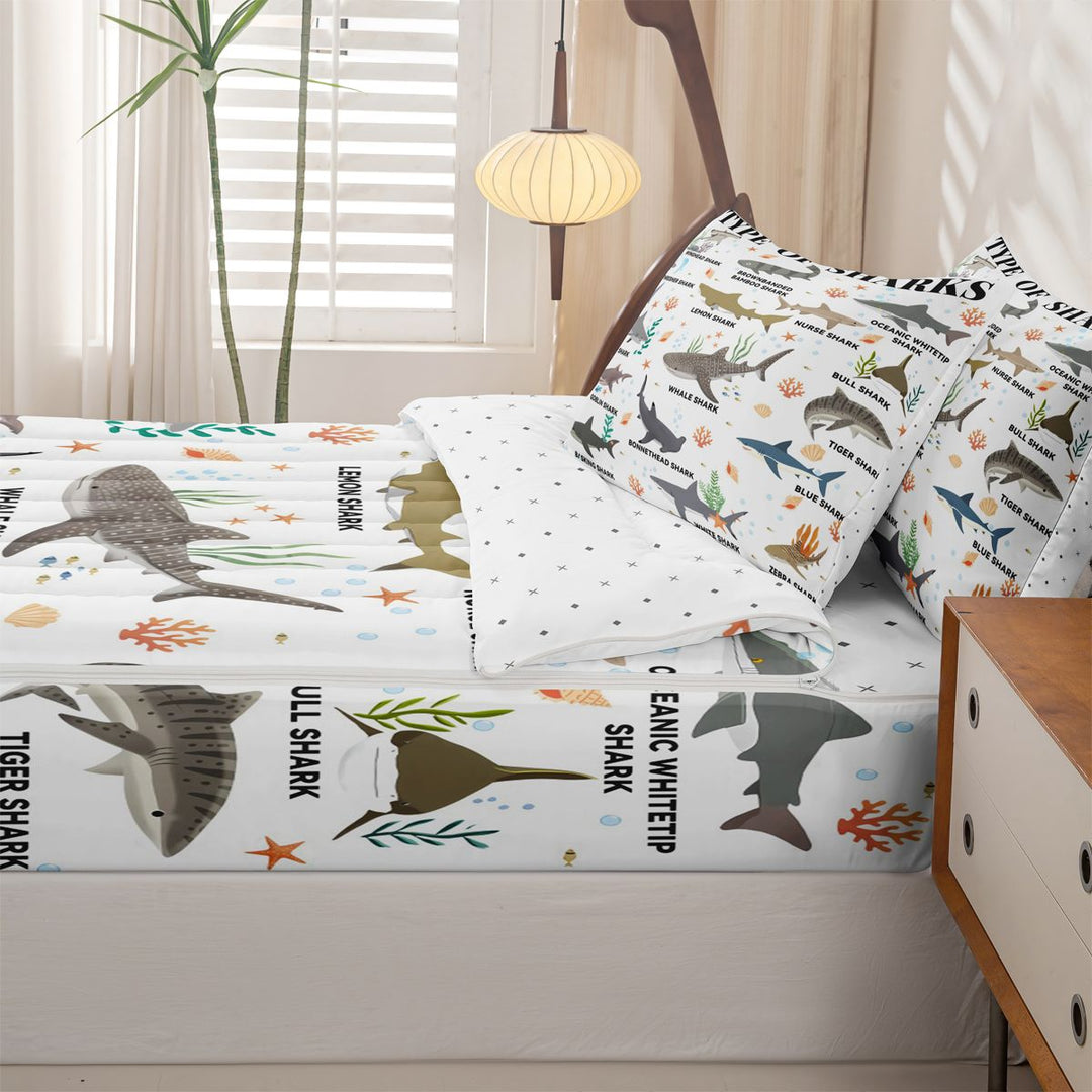 meiyoeat Kawaii Shark Zipper Full Size Comforter Sets with Fitted Sheet and 2 Pillowcases For Kids,Colorful Ocean Animal Theme Zipper Bedding Set For Boys,Reversible,4-Piece