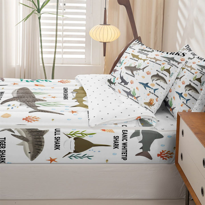 meiyoeat Kawaii Shark Zipper Full Size Comforter Sets with Fitted Sheet and 2 Pillowcases For Kids,Colorful Ocean Animal Theme Zipper Bedding Set For Boys,Reversible,4-Piece