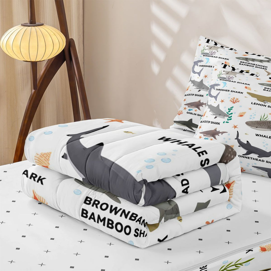 meiyoeat Kawaii Shark Zipper Full Size Comforter Sets with Fitted Sheet and 2 Pillowcases For Kids,Colorful Ocean Animal Theme Zipper Bedding Set For Boys,Reversible,4-Piece